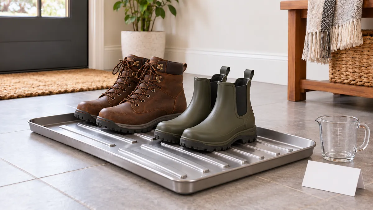 Buyer testing footwear position and runoff collection in an illustrative boot-tray sample with a defined review setup