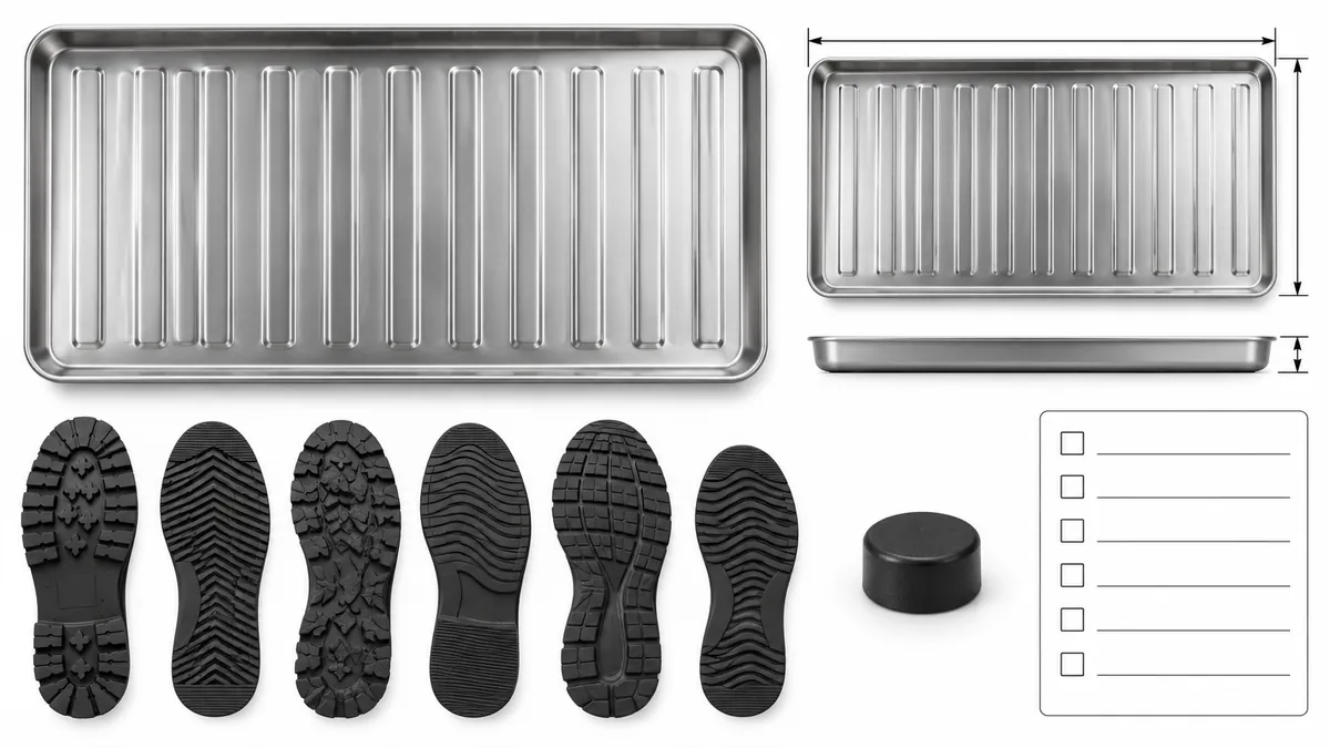 Importer checklist with reference footwear, usable tray footprint, support geometry, water handling and packaging fields