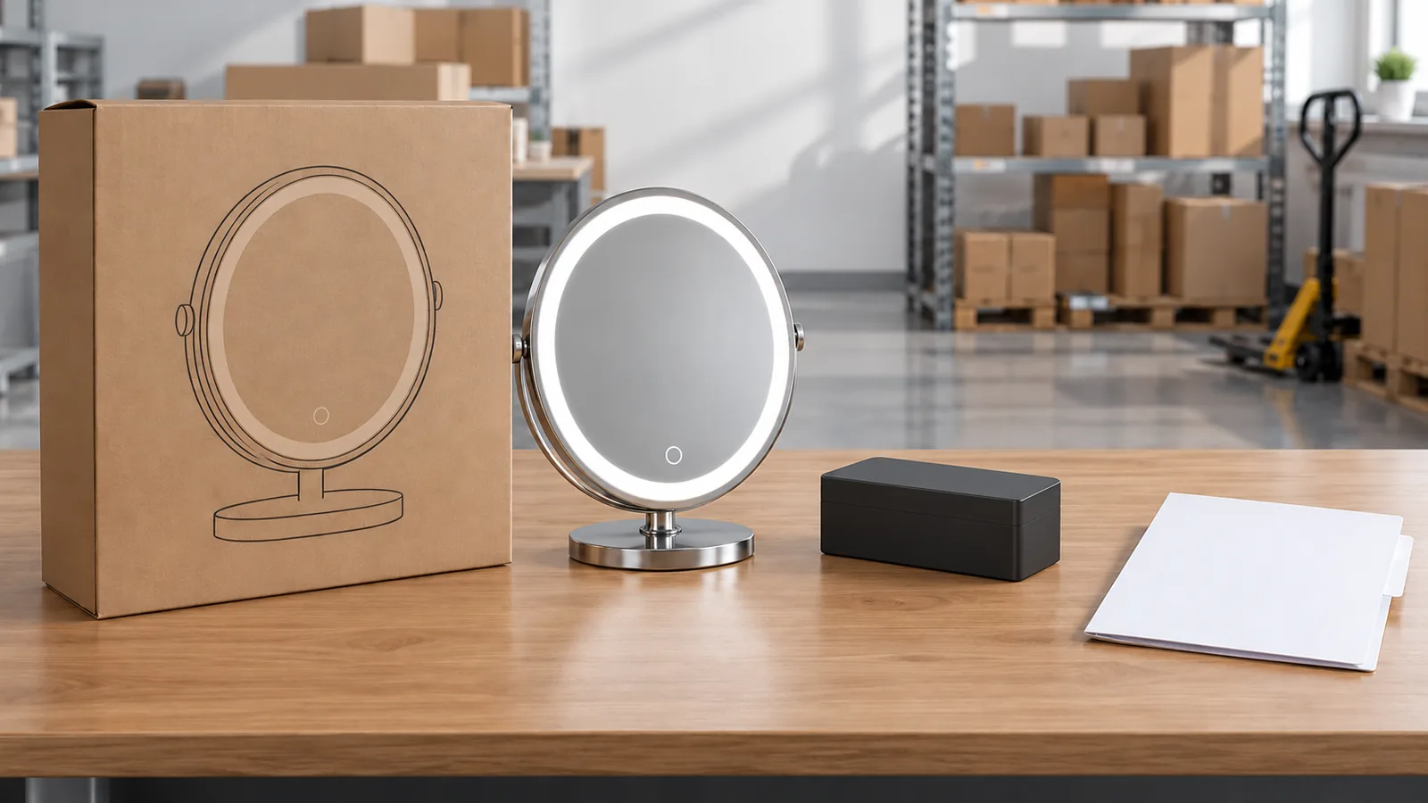 Illustrative rechargeable mirror and an unbranded battery document packet prepared for freight review
