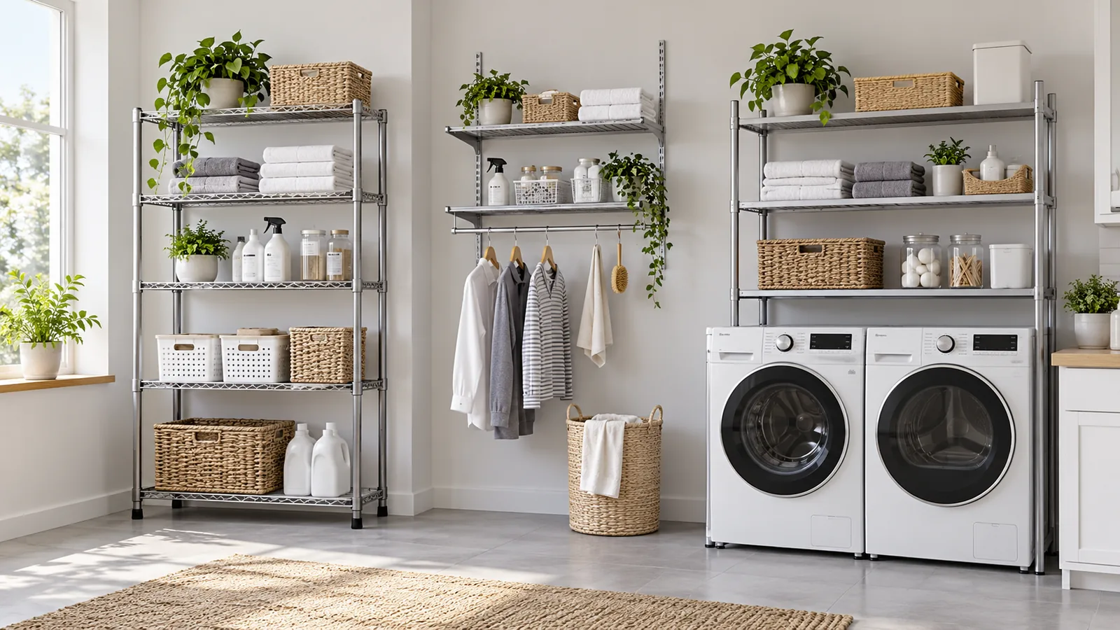 Conceptual comparison of freestanding, wall-mounted and over-appliance laundry storage formats
