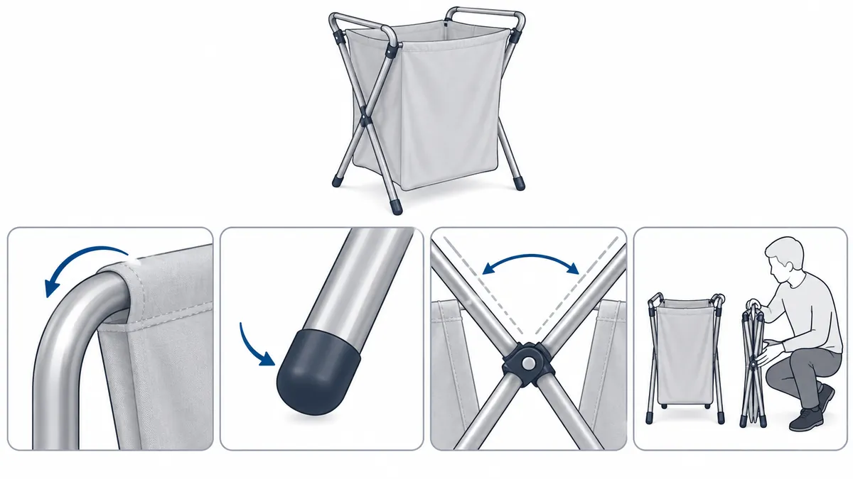 Four-panel buyer review diagram for fabric contact, metal end finishing, folding sweep and sample-cycle inspection.