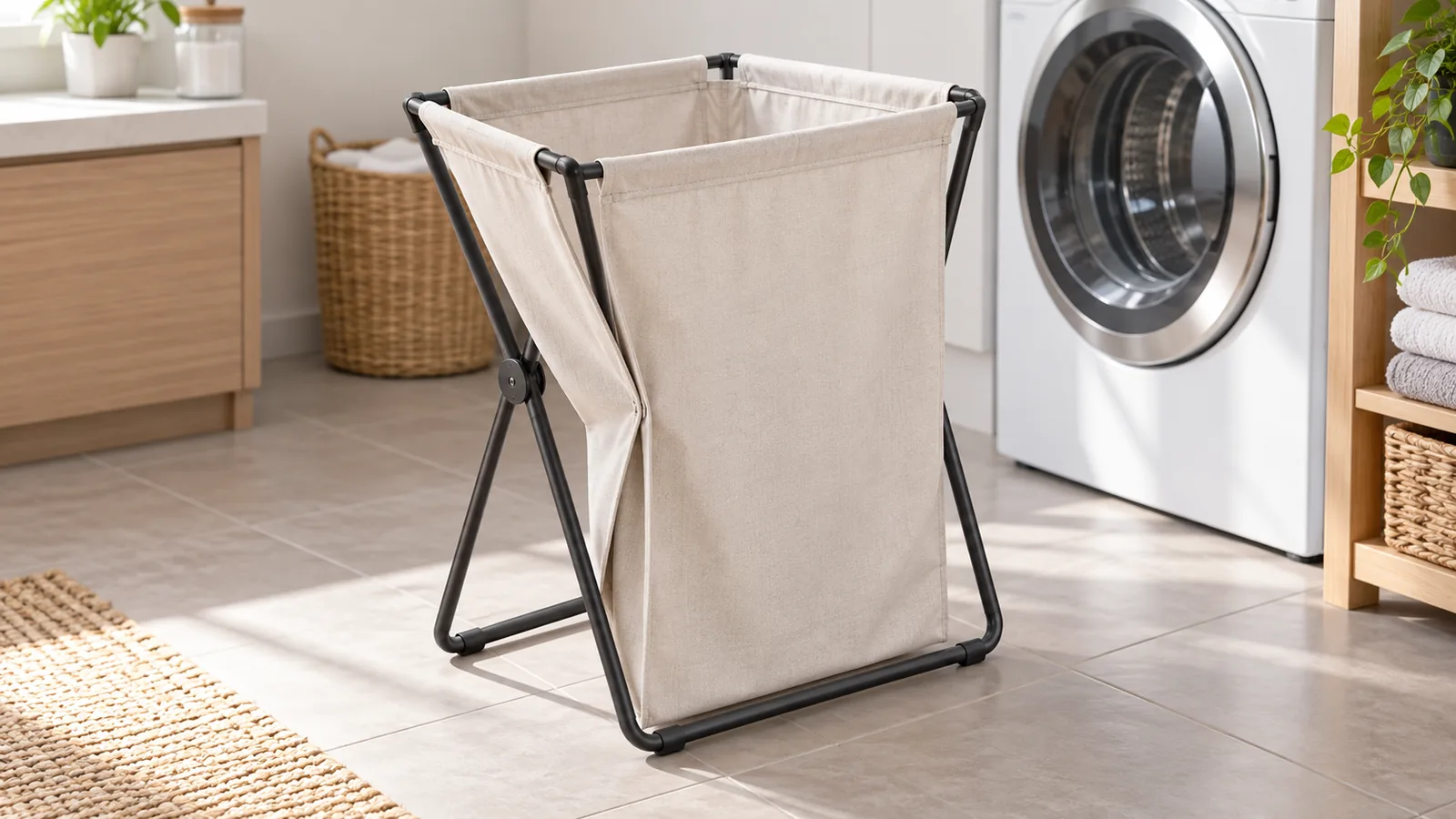 Generic foldable laundry hamper showing the metal frame, fabric liner contact areas and open folding path.