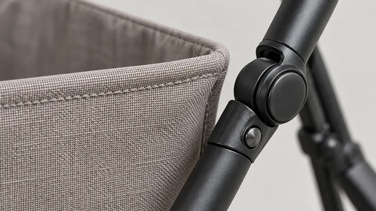 Close view of a fabric liner edge meeting a smoothly finished metal frame contact point away from a folding joint.