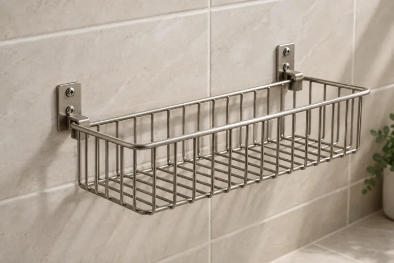 Wall-mounted wire basket supported close to the wall by two compact screw-fixed brackets.