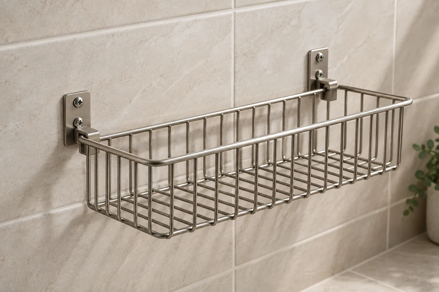 Wall-mounted wire basket supported close to the wall by two compact screw-fixed brackets.