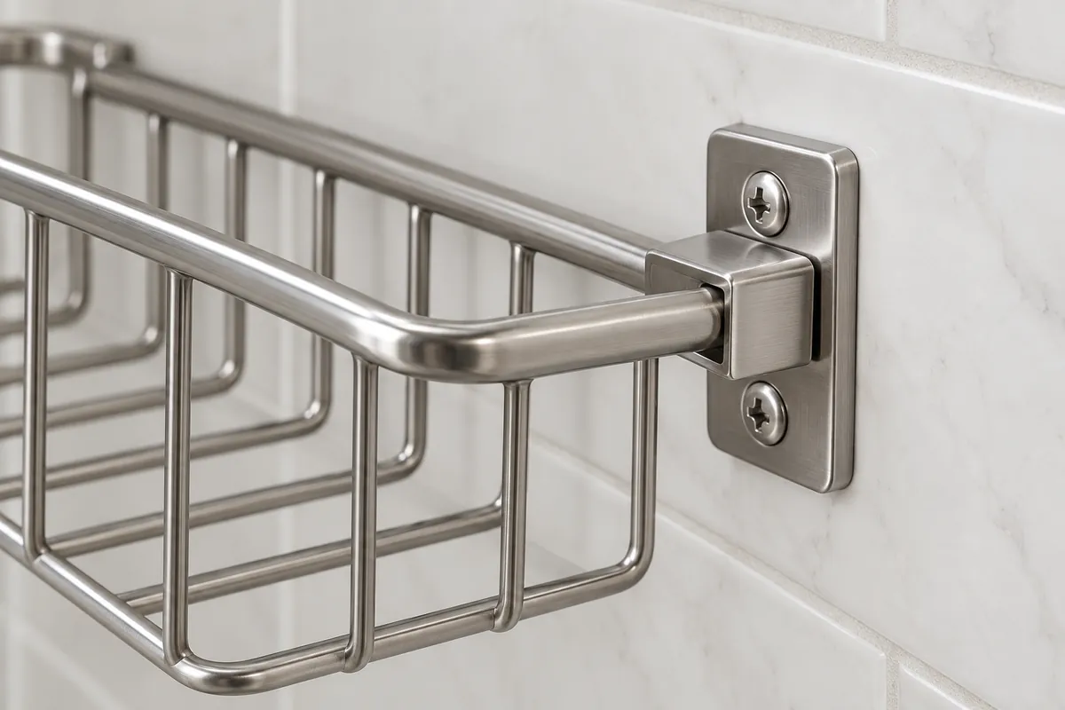 Close-up of wire basket seated in a compact wall bracket and screw-fixed plate.