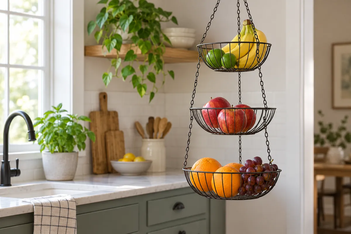 Produce arranged across the tiers of a generic hanging wire fruit basket to illustrate access and spacing