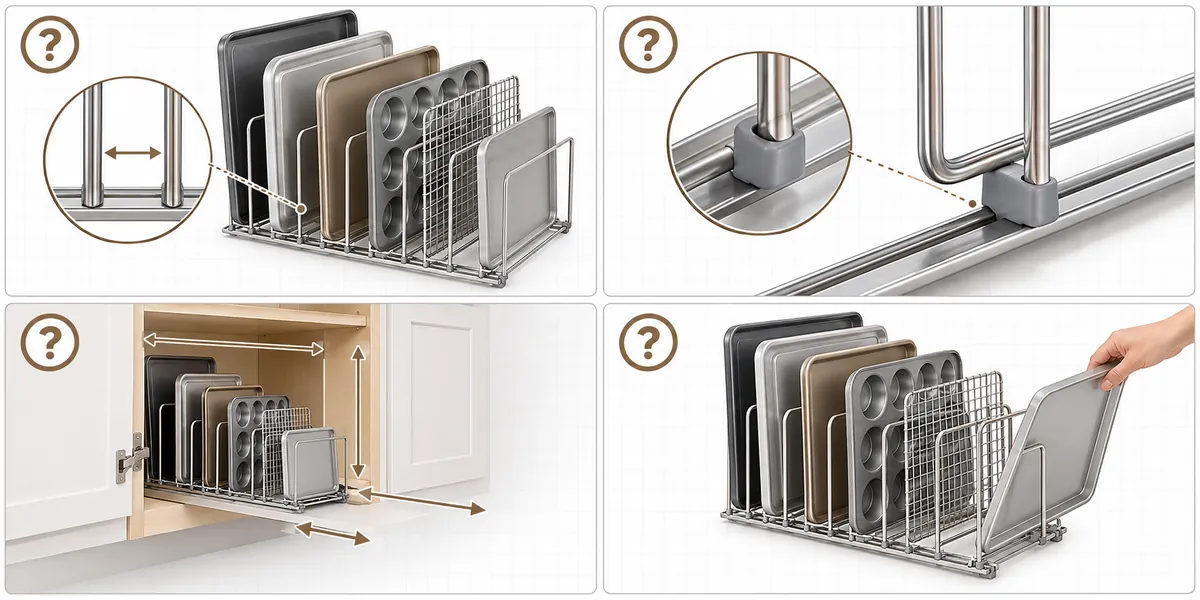 Four visual checks for bakeware organizer spacing, divider retention, cabinet clearance and tray retrieval.