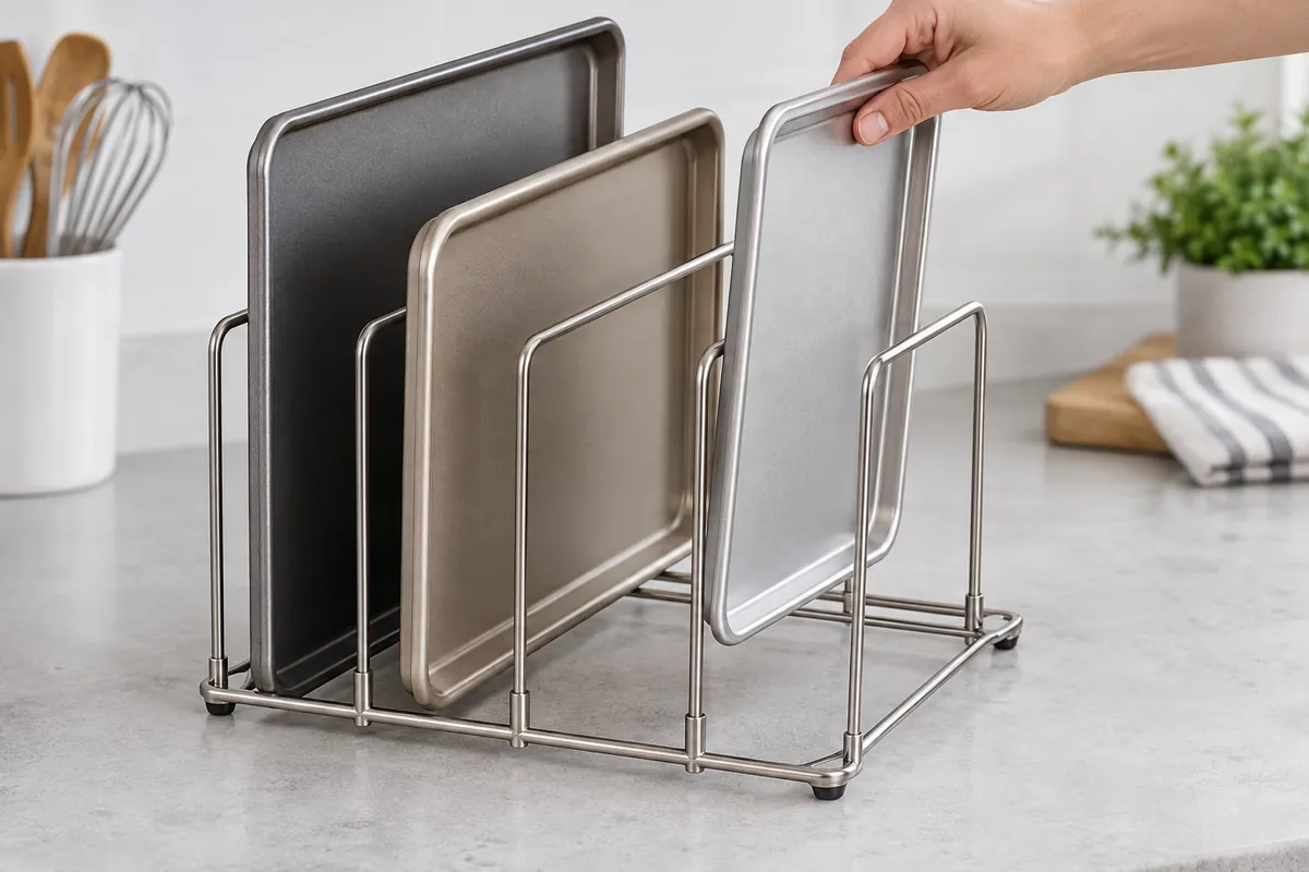A buyer checks divider seating while removing one baking sheet from a wire organizer.