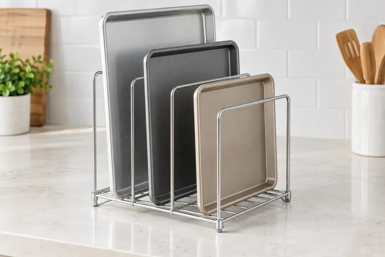 Generic metal bakeware organizer with securely retained dividers holding baking sheets upright.