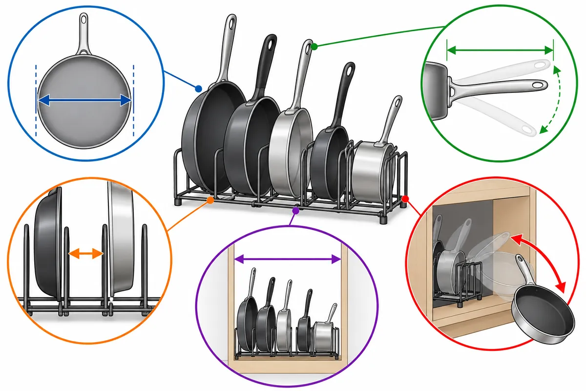 Buyer fit checklist diagram for pan diameter, handle projection, divider pitch, cabinet depth and removal path.