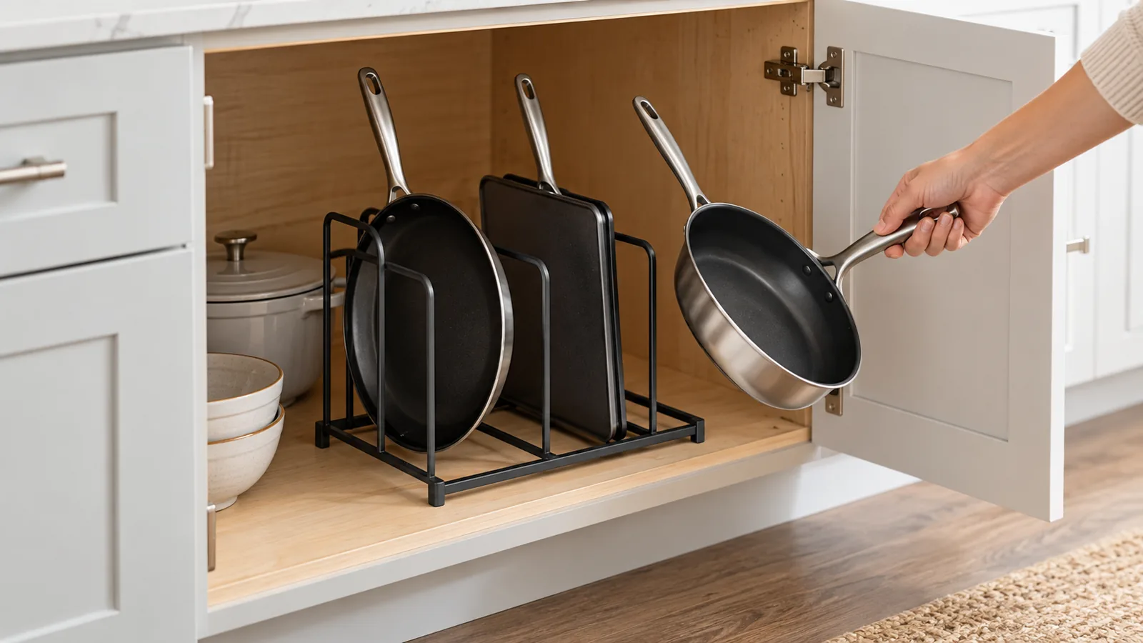 Generic metal cabinet pan organizer with cookware arranged to keep skillet handles clear for removal.