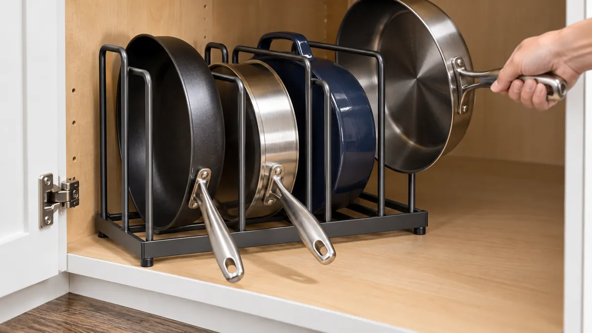 Close-up of pan organizer dividers and skillet handle envelopes with enough open space to lift one pan out.