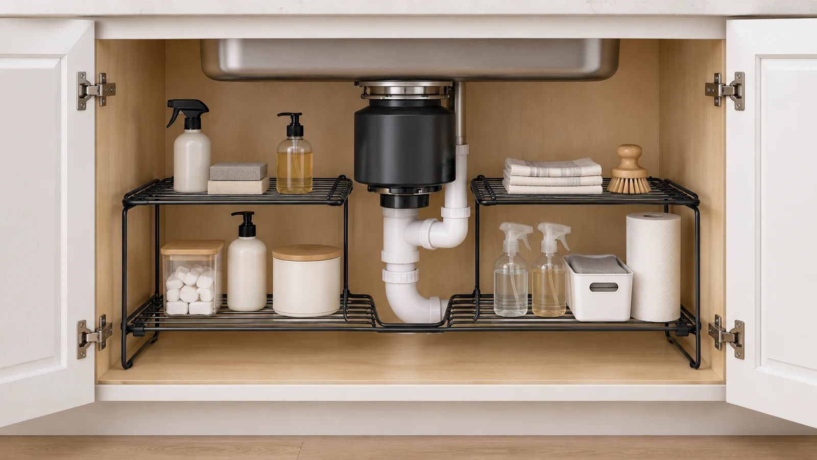 Concept under-sink metal rack and cabinet plumbing fit envelope