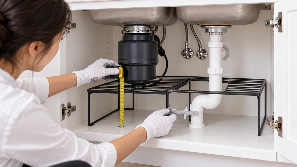 Concept under-sink metal rack showing drain and cabinet obstruction envelope