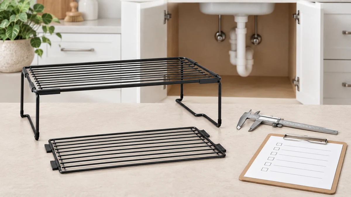 Concept buyer sample review of an under-sink metal rack in a cabinet