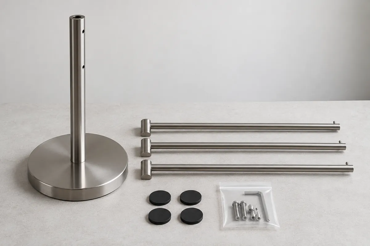 Generic towel rack base, arms, feet and fasteners arranged for a sample and pack review