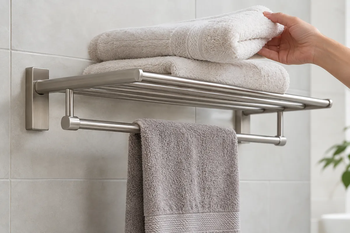 A towel is lifted from an integrated shelf while another hangs freely from the lower bar.