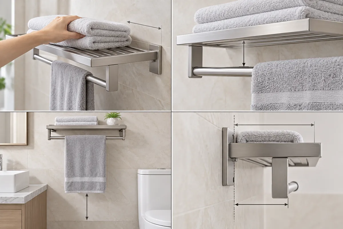 Four visual checks for towel shelf access, bar clearance, fixture spacing and mounting envelope.