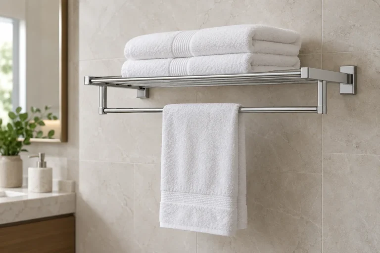 Integrated metal towel shelf with folded towels above a straight hanging bar.