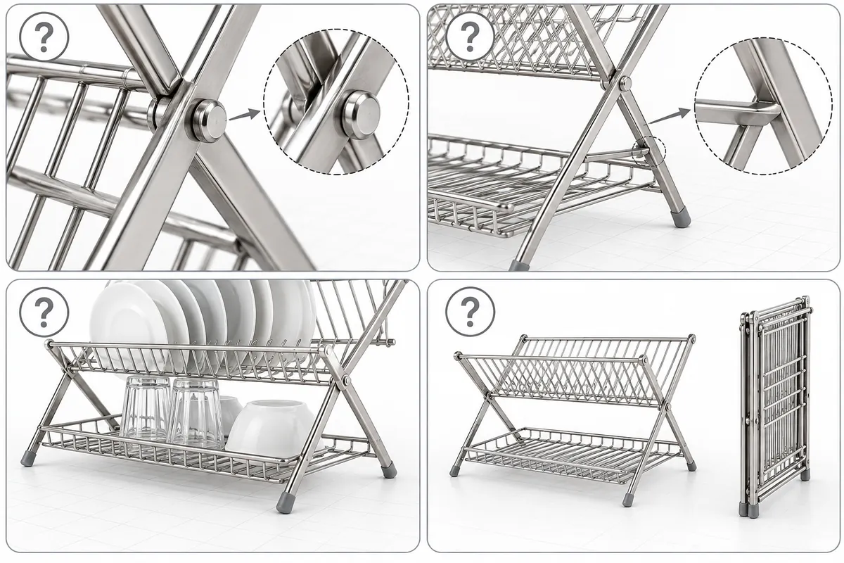 Four visual checks for dish rack hinge alignment, open stop, stable feet and folded envelope.