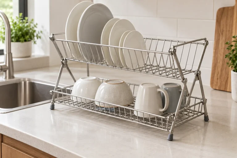 Open folding metal dish rack with visible side hinges and dishes arranged on stable tiers.