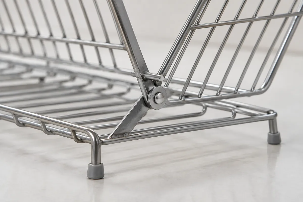 Close view of a dish rack hinge pin and open-position stop for sample review.