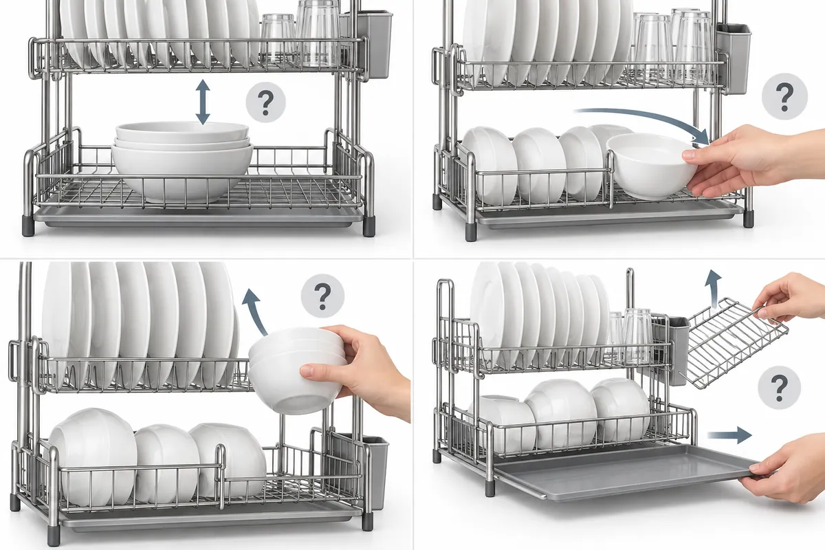 Four visual checks for bowl fit, hand access, tier clearance and removable dish rack parts.
