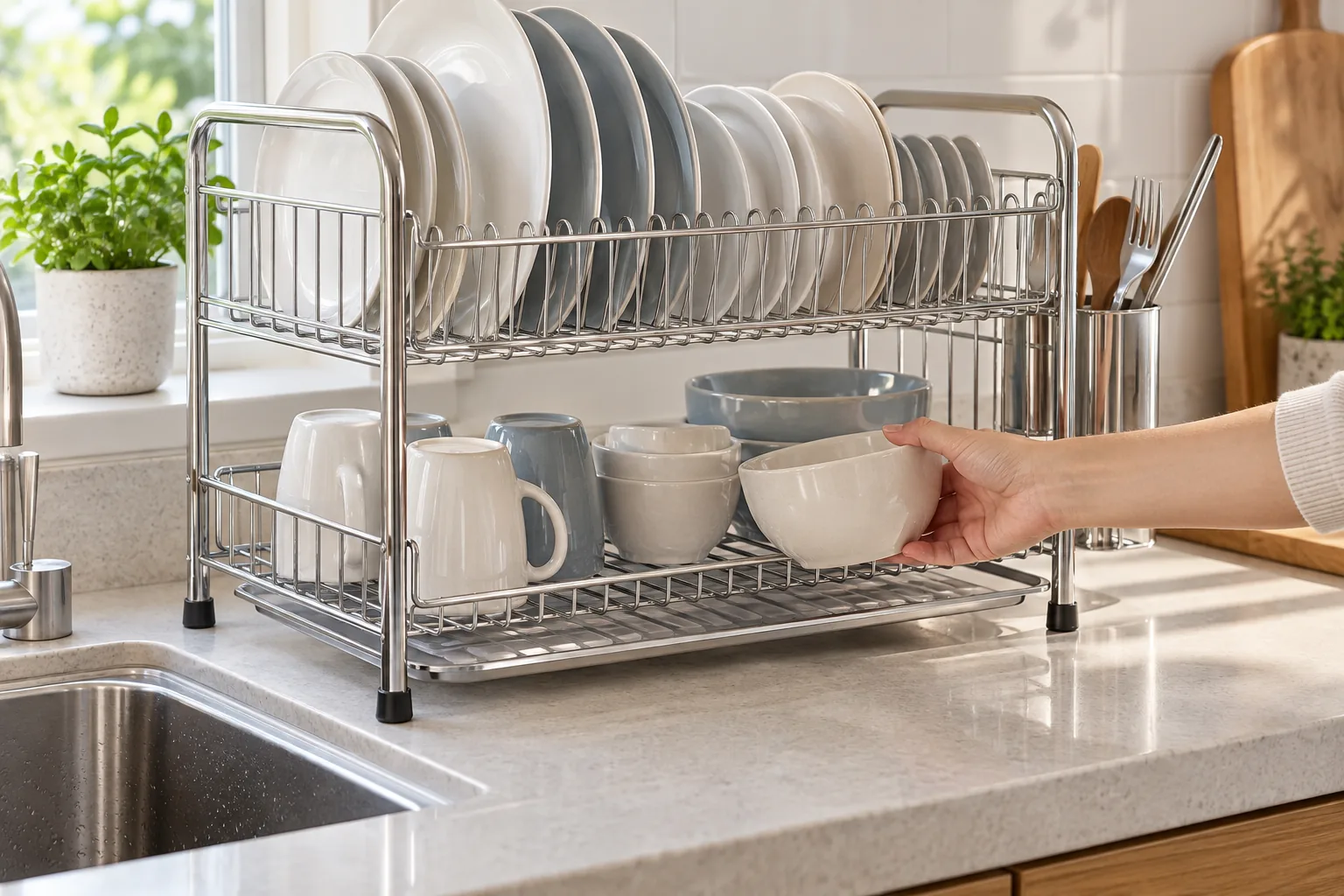 Two-tier metal dish rack with plates above and a clear lower-shelf access opening.