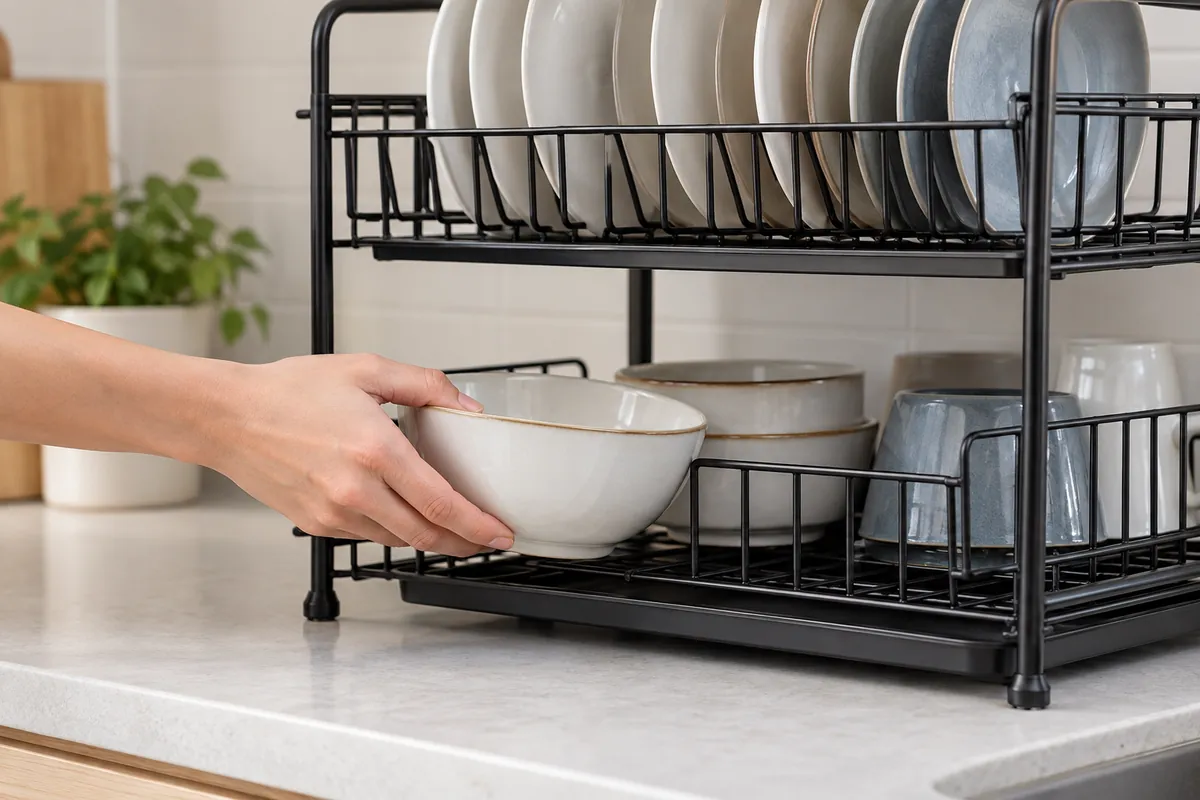 A bowl is removed through the lower tier while plates remain on the upper level.