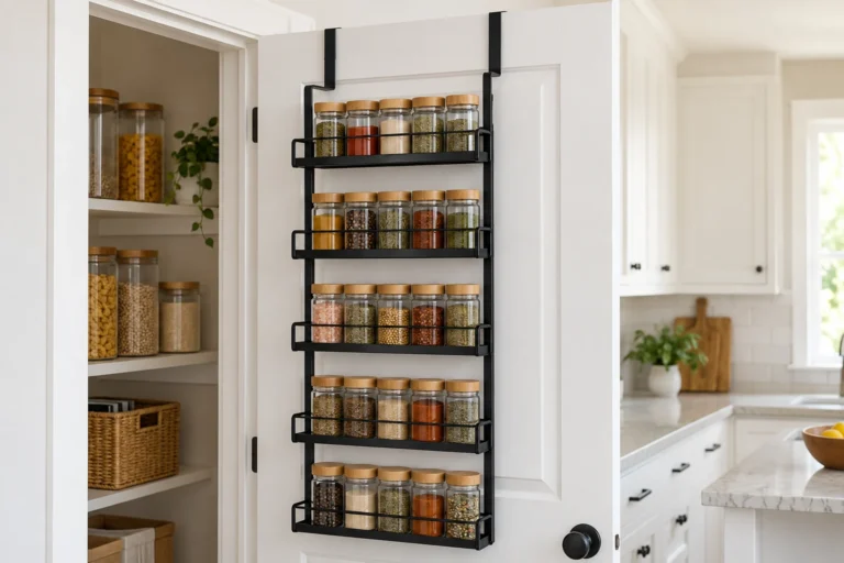 Concept over-door metal spice rack on a pantry door showing hook and clearance