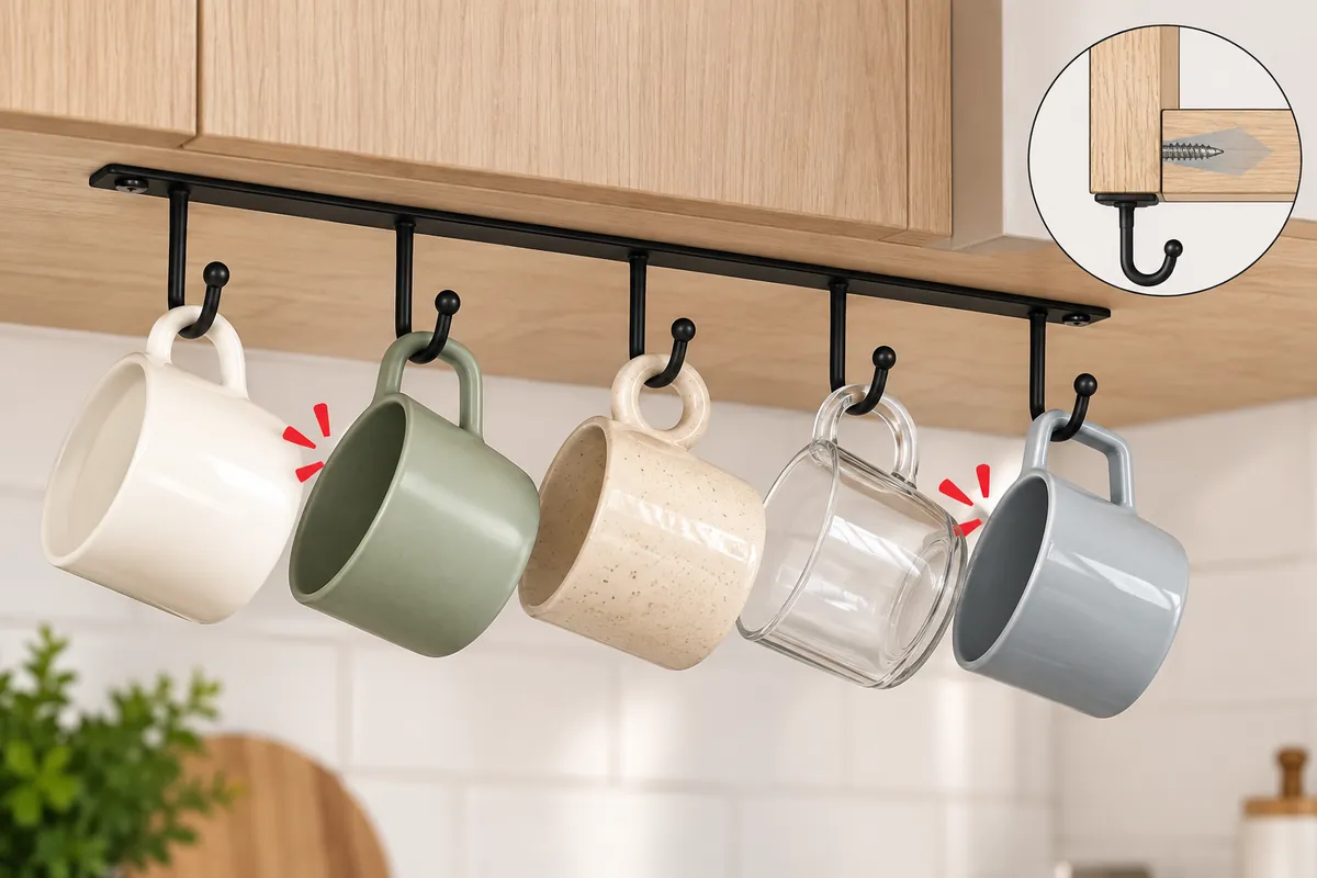 Mug handle and body clearance reviewed on an under-cabinet hook rail