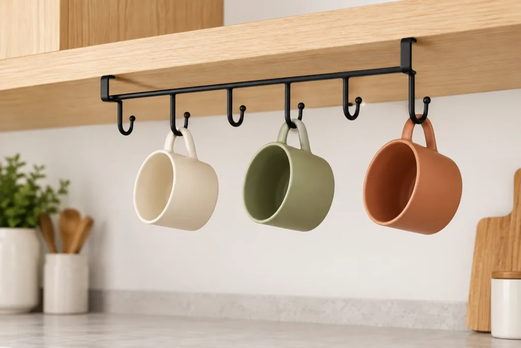 Conceptual under-cabinet mug rack showing hook spacing and cabinet clearance