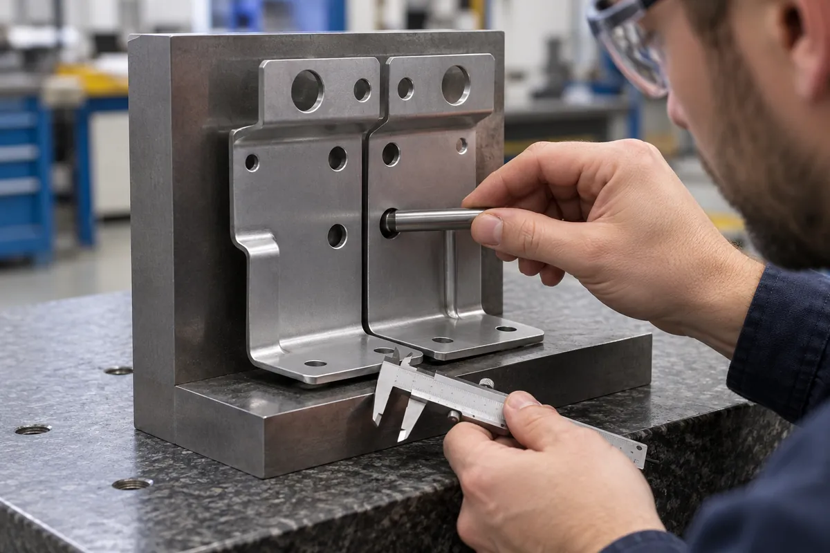 Technician aligns matching hole patterns on two conceptual sheet-metal plates against shared functional edges