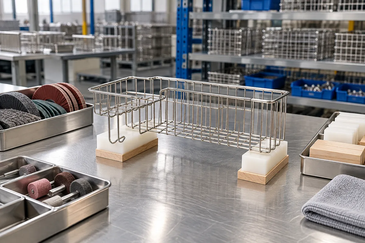Wire basket frame on protective supports beside separated abrasive tools, illustrating supplier contact-control questions.