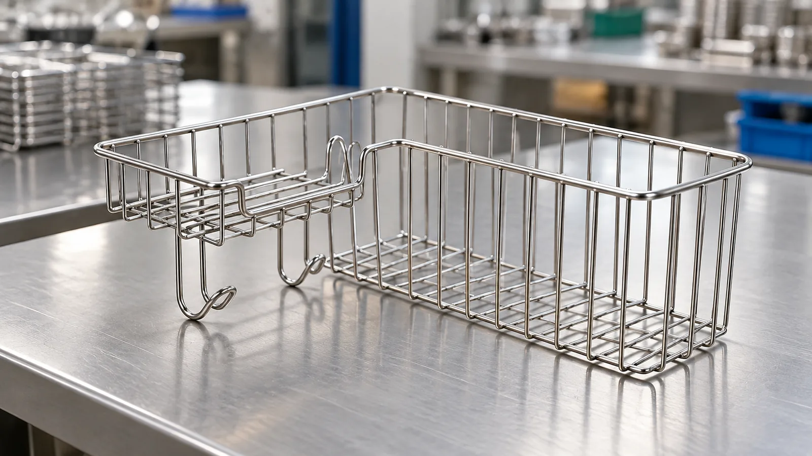 A wire bathroom basket on an inspection bench, illustrating stainless-steel fabrication contamination controls.