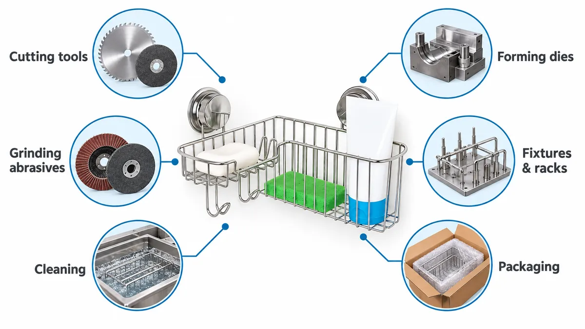 Buyer checklist showing cutting tools, forming dies, grinding abrasives, fixtures and racks, cleaning, and packaging.