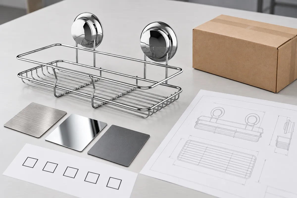 Buyer review set showing a two-mount basket sample, drawing and packaging checkpoints