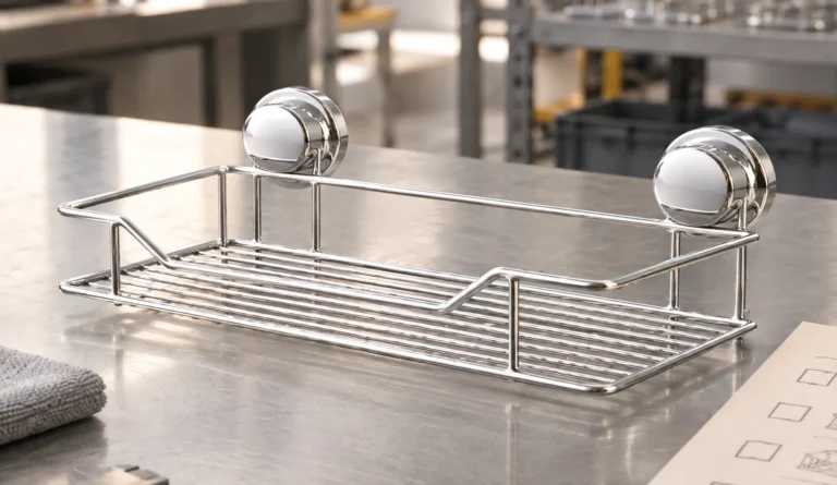 Two-suction-cup wire basket beside a production milestone review sheet
