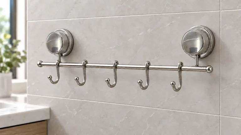 Chrome suction towel bar with two spaced round suction mounts and five hooks on a smooth tile wall