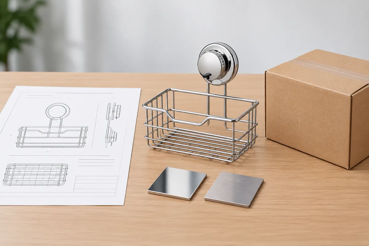OEM bathroom basket sample, drawing, finish swatches, and packaging arranged for supplier change review
