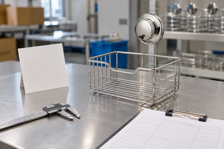 Koitor suction-mounted wire bathroom basket and inspection tools on a repeat-order review bench