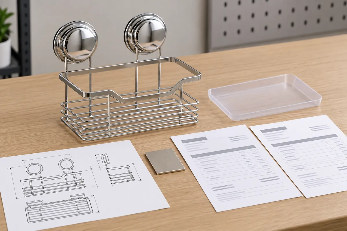 Buyer reviews bathroom hardware drawing, finish, packaging and quotation scope beside a two-mount wire basket.