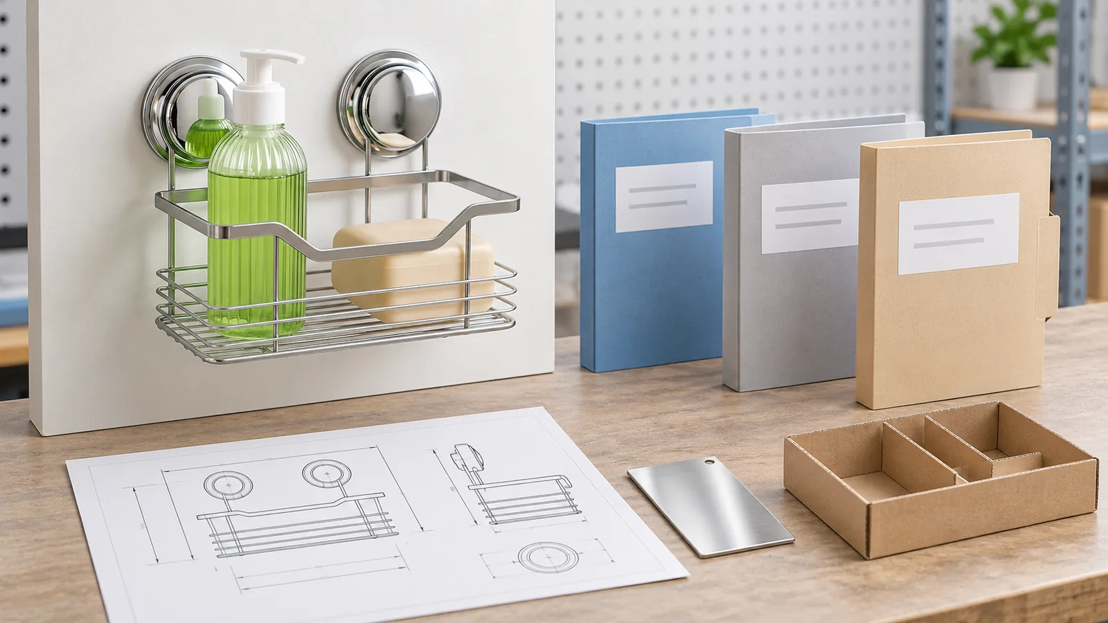 Chrome wire bathroom basket and unbranded quote folders arranged for OEM scope comparison