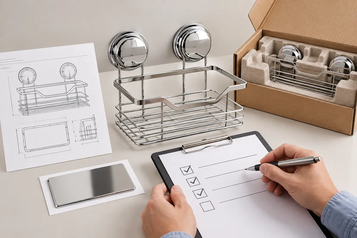 Bathroom hardware sample, finish, packaging and delivery documents for an OEM quote-comparison checklist.