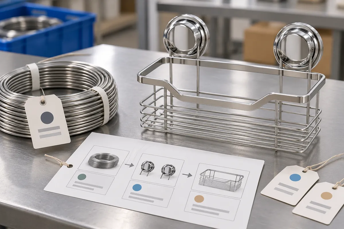 Metal sample, lot traveler and finished bathroom basket illustrate material-to-order record linkage.