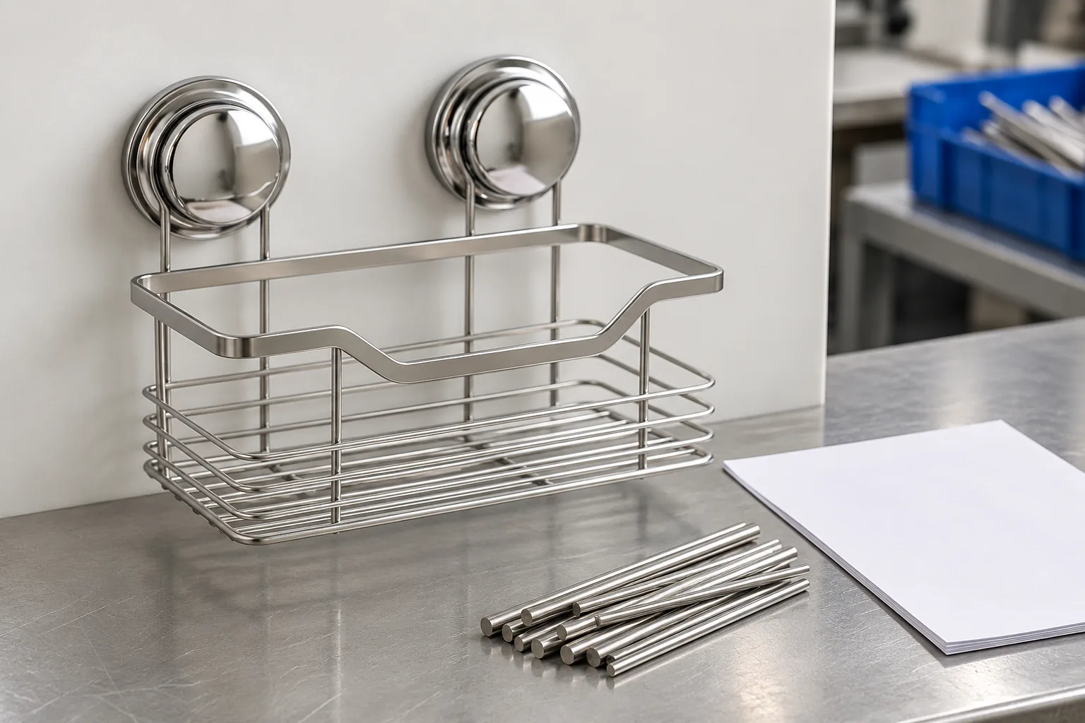 Chrome-finish bathroom wire basket beside stainless wire samples and an unmarked production record