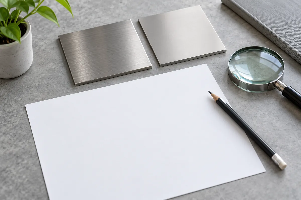Blank worksheet, finish coupons and magnifier for a stainless surface-treatment review.