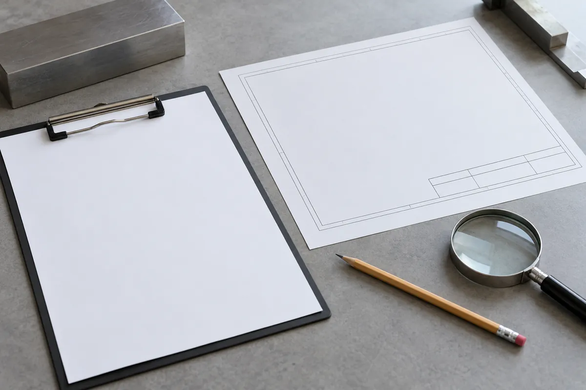 Blank inspection worksheet and magnifier prepared for a basket edge review.
