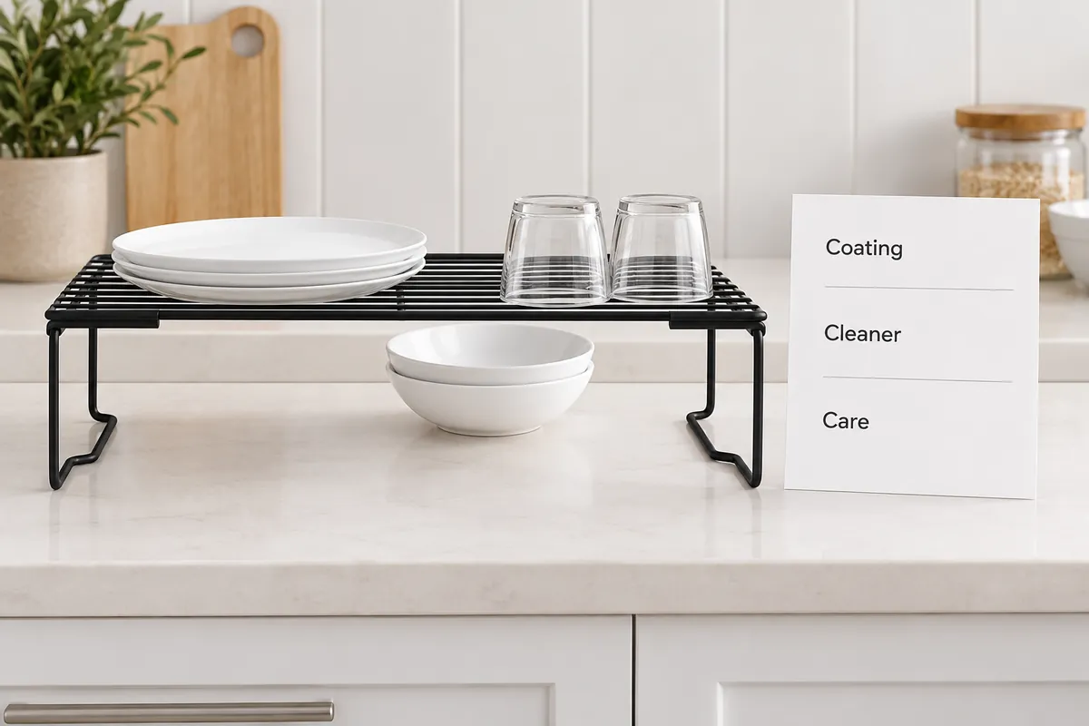 Coated metal shelf and buyer care review sheet